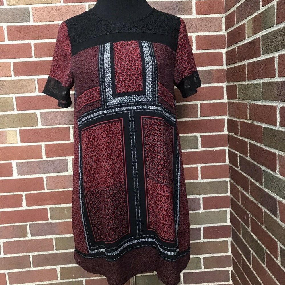EXPRESS Red and Black Plaid Lace Shift Dress XS